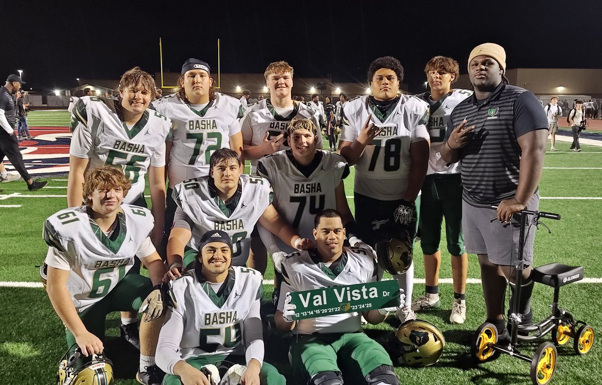 Big game form all three phases tonight. Started w the OL &amp; DL. Proud of these guys on the OL w/ 380+ first half yds. Everyone played &amp; even got a Soph and 3 Frosh in the game for some reps.
#trenchtown@5990 
<a href="/BashaAthletics/">Basha HS Athletics</a>