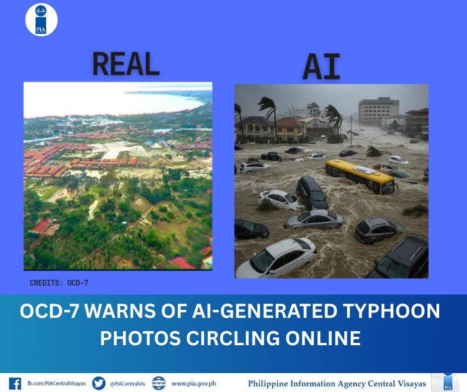 𝐑𝐄𝐀𝐃: The Office of Civil Defense (OCD) 7 is urging the public to verify the authenticity of disaster images before sharing them online, .
Link: pia.gov.ph/news/ocd-7-war…

#BagyongTino
#PIA
#ISM
#IntegratedStateMedia
#BagongPilipinas