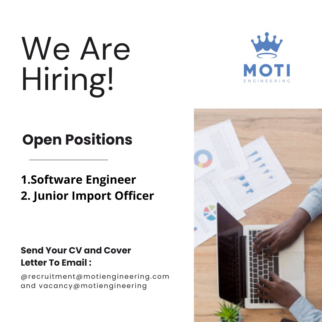 MotiEngineering's tweet photo. 📢 We’re Hiring! Join our team at Moti Engineering PLC
🔹 Junior Import Officer (5) 🔹 Software Engineer – Fresh Graduate (3)
📍 Addis Ababa 📧 Apply: recruitment@motiengineering.com / vacancy@motiengineering.com 🗓️ Deadline: Nov 16, 2025
#NowHiring #EthiopiaJobs #FreshGraduat https://t.co/cHkUPcHi0O
