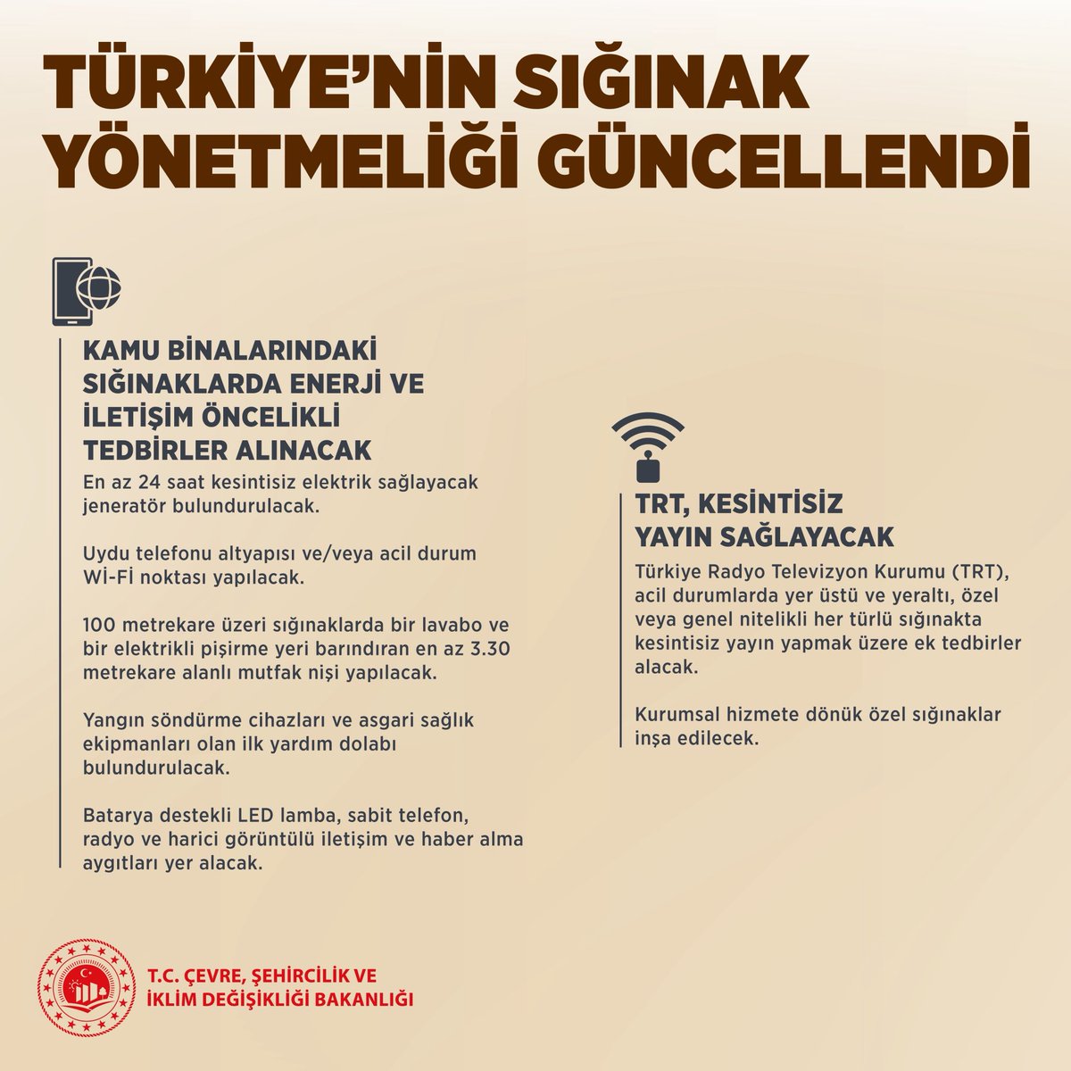 Ülkemizin sığınak yönetmeliğini günümüz ihtiyaç ve koşullarına uygun hale getirerek güncelledik. 

Mevcut sığınaklara denetim şartı ve ilave standartlar, yeni yapılacak binalara önemli koşullar getirdik. 

Resmi Gazete’de yayımlanan yönetmeliğimizle; millet bahçeleri, metro