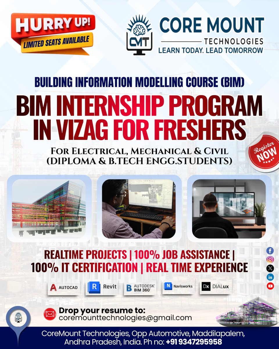 Coremountt45188's tweet image. BIM Course &amp;amp; Internship in Vizag by Core Mount Technologies (CMT). For Electrical, Mechanical, Civil Freshers. Get 100% Job Assistance, IT Certification, and real-time experience. Hurry!

📞 Contact Us: +91 9347295958

#Coremounttechnologies #cmt #bim #bimcourse #bimtraining