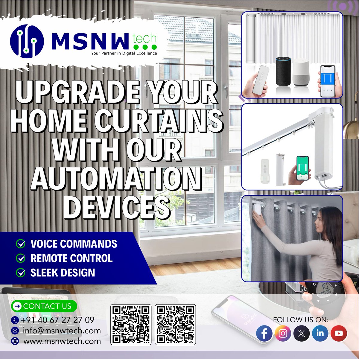 msnwtechpvtltd's tweet image. 🌟 Transform Your Home with Smart Curtains! 🌟

📞 Contact Us: +91 88869 13131|+91 83415 59649

📧 Email: info@msnwtech.com
✨ #SmartCurtains #HomeAutomation #ModernLiving #MSNWTech