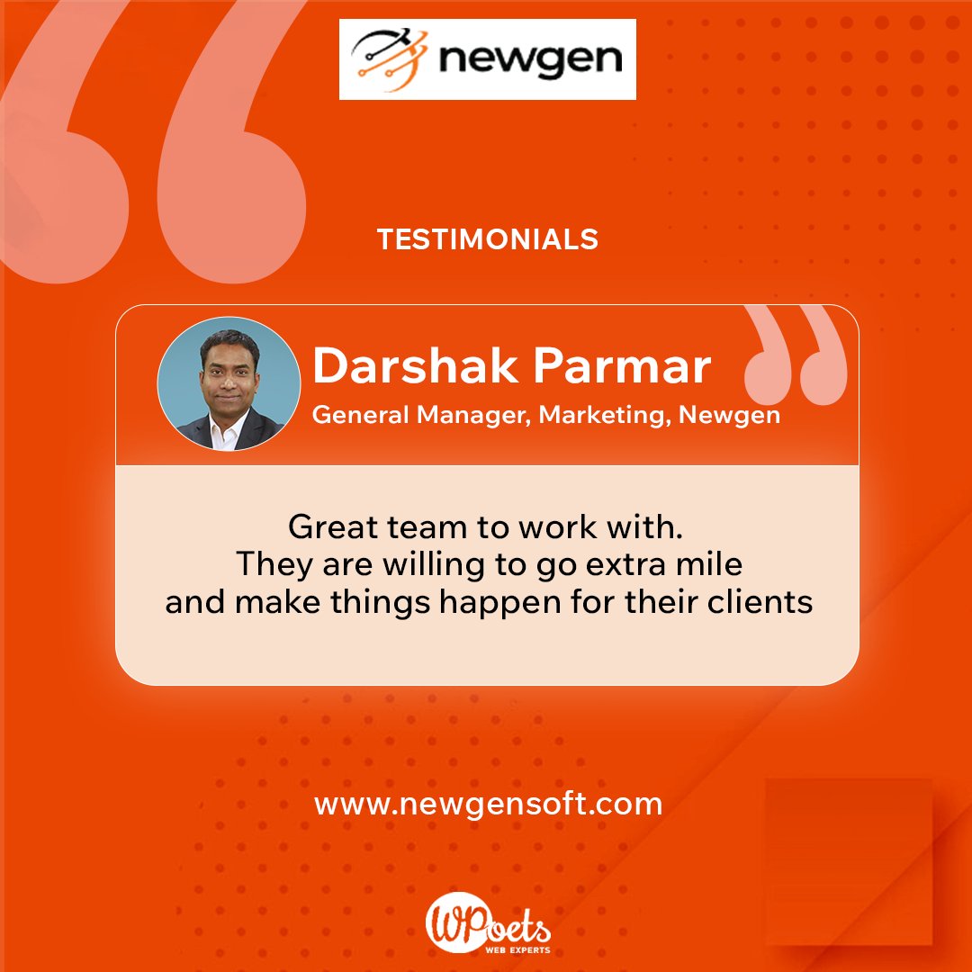 Huge thanks to Newgen for the kind words ❤️
Proud to collaborate on projects that redefine digital innovation.
#WPoets #ClientLove #Testimonial #Innovation