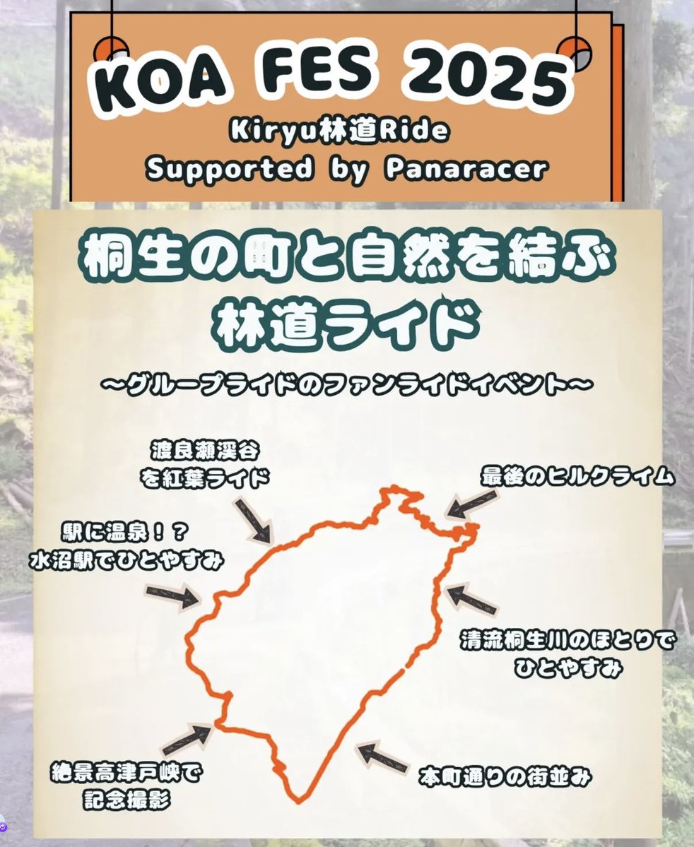 桐生初となライドイベント、KOA Fes 桐生Rindoライド2025 Supported by Panaracer が24日(月・祝)に開催されます！
自然のコースの中、エイドステーションでは桐生らしいグルメを楽しめます。
現在エントリー中ですのでぜひお越しください。
→ docs.google.com/forms/d/e/1FAI…