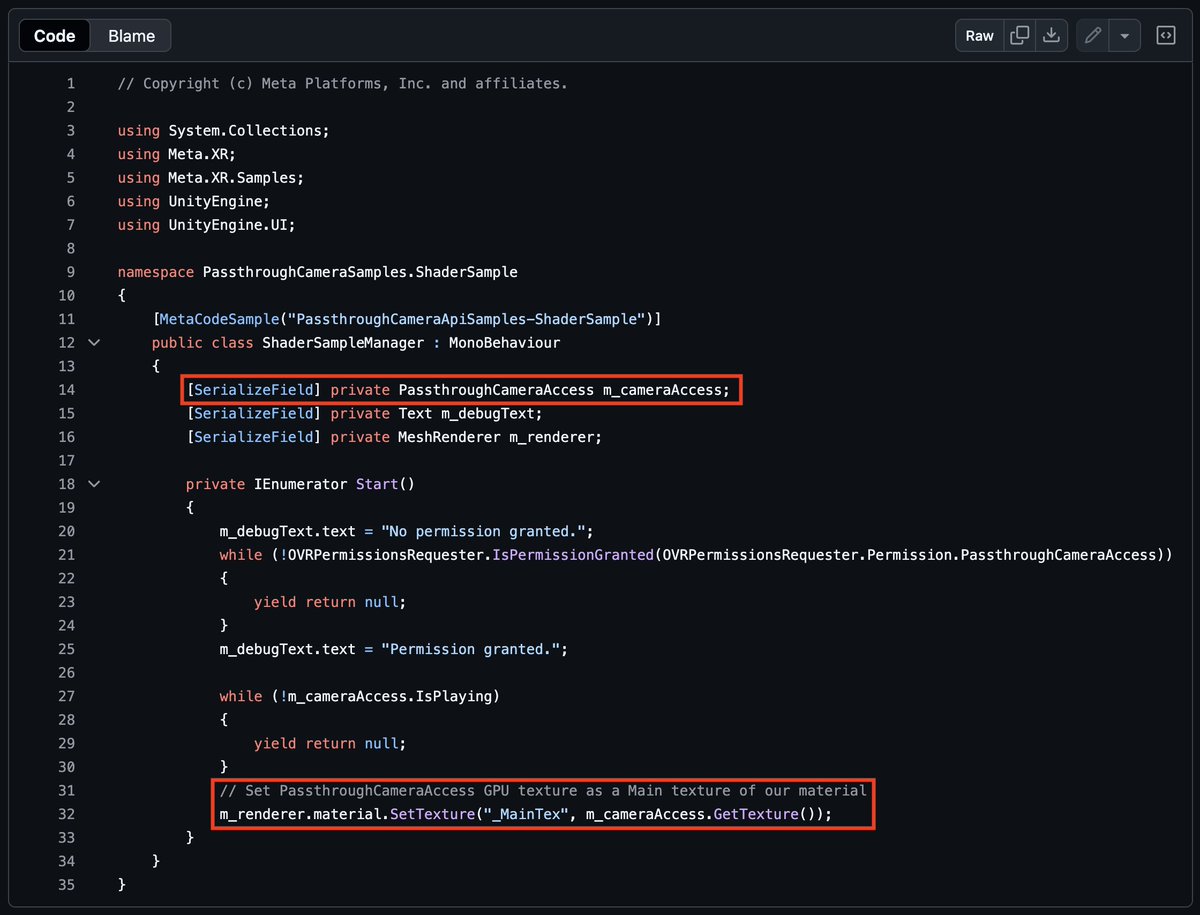Dilmerv's tweet image. This is a HUGE improvement for those of you using Meta PCA (Passthrough Camera Access) with Unity. Looks like the WebCamTexture is no longer needed and you can use the new component called &quot;PassthroughCameraAccess&quot; right from MRUK.  

Just add v81 or greater to your manifest.json…
