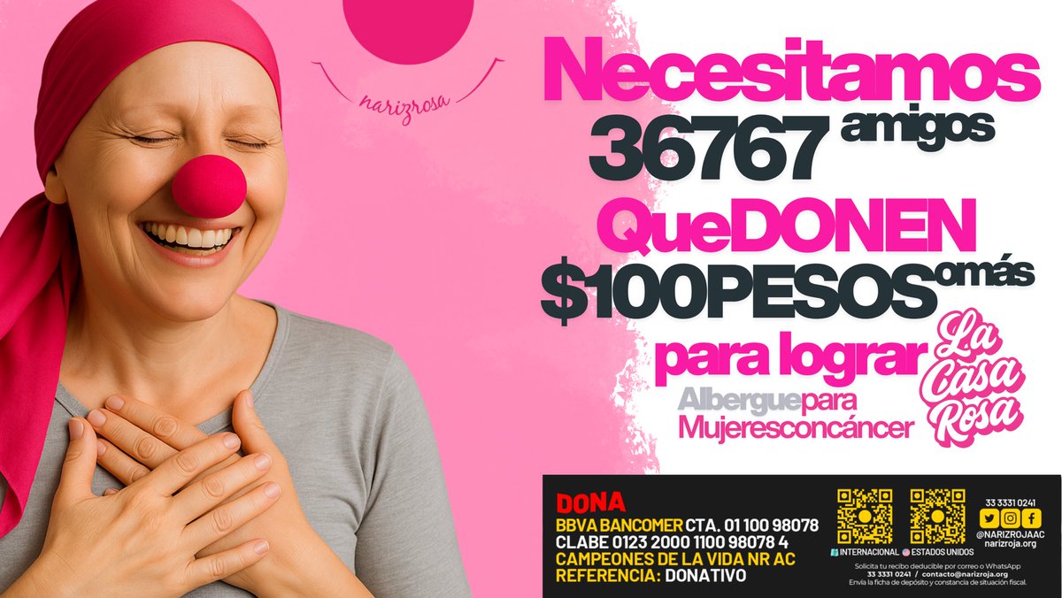 NARIZROJAAC's tweet photo. En la zona de Miramar, en Zapopan, se está atendiendo hoy a mujeres que luchan contra el cáncer. Muchas vienen de municipios lejanos: de Jalisco, Michoacán, Colima y Nayarit. Vienen con la esperanza de atenderse, de sobrevivir. Sin embargo, cuando llegan, se encuentran con una realidad dura: no tienen dónde dormir.

En esa zona no hay albergues cercanos. Los hoteles y cuartos en renta cuestan caro. Una habitación sencilla puede significar entre $400 y $900 pesos por noche (fuentes: promedios de renta y hospedaje en la zona Zapopan Sur según plataformas de hospedaje locales como Airbnb, Booking y Mercado Inmobiliario DataMéxico). Esto, con tratamientos que duran meses.
Haz números: una mujer que lucha por su vida no debería estar pensando si comer o dormir.
No debería estar decidiendo entre pagar una cama o continuar su tratamiento.

Hoy esto está pasando.
Y duele.

Por eso necesitamos #LaCasaRosa en Miramar.
Un albergue seguro, digno, cálido.
Un lugar donde una mujer pueda descansar sin miedo.
Donde pueda recuperarse después de quimio sin estar sola.
Donde pueda llorar, reír, sanar, vivir.

No estamos pidiendo lujo.
Estamos pidiendo humanidad.

Todas estas mujeres ya están luchando contra el cáncer. No deberían estar luchando también por un techo.

Tu ayuda hace la diferencia real:
• Damos seguridad.
• Damos descanso.
• Damos fuerza.
• Damos esperanza.

Cada peso donado se convierte en una cama, en comida caliente, en un abrazo sin palabras.

Es urgente.
La necesidad es hoy.
La oportunidad de ayudar es hoy.

Hagámoslo por ellas.
Porque nadie debería pelear sola.

🇲🇽 BBVA  Cuenta: 0110098078 Clabe:  012320001100980784  Campeones de la vida NR AC         
🇺🇸 https://t.co/hIEg9vbDss                      
🌍 https://t.co/ohWwBix7n8
Solicita tu recibo deducible WhatsApp 3333310241