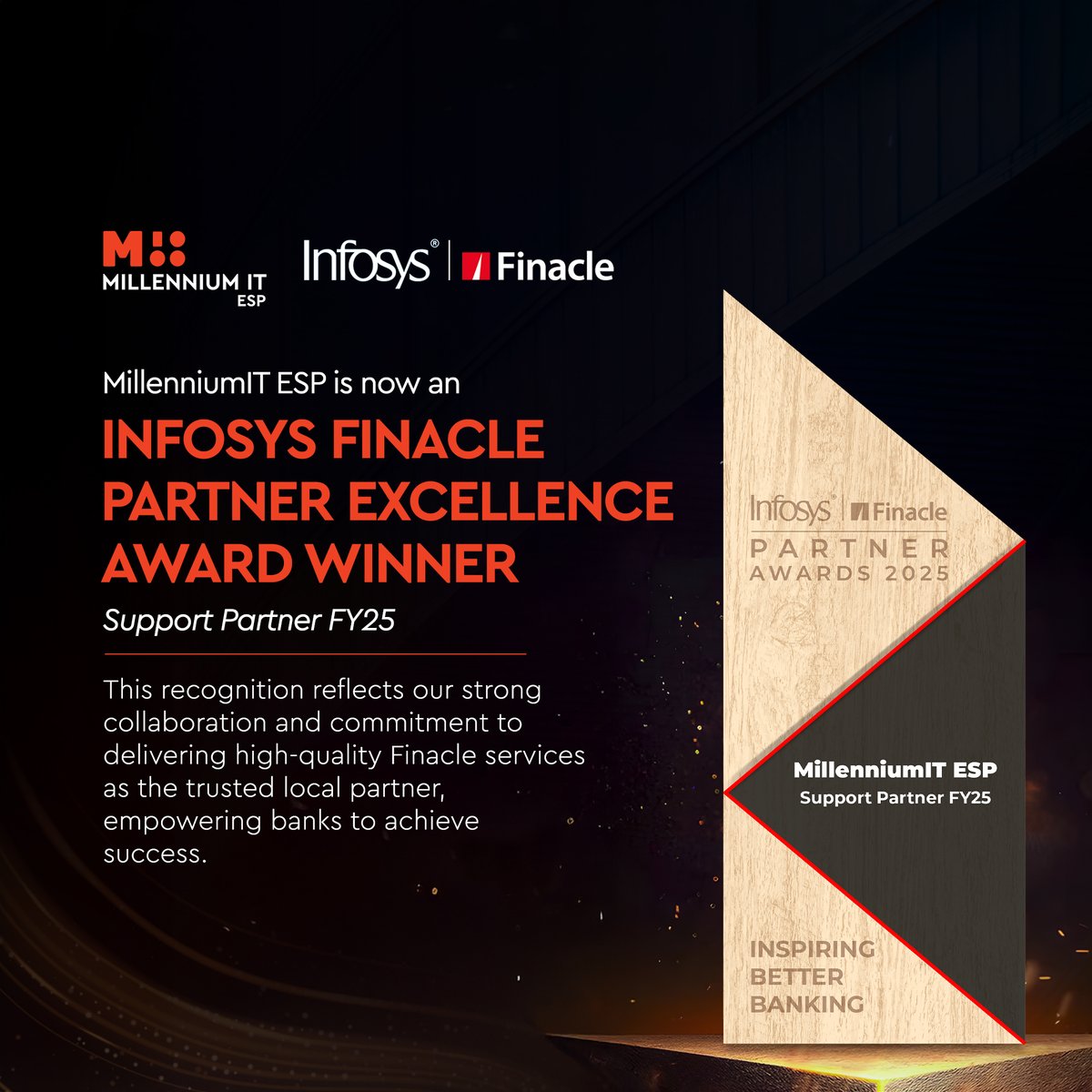 MillenniumITESP's tweet image. Proud to be named a Winner in the @Finacle #PartnerExcellence Awards 2025 – Support Partner FY25 category.

#MITESP #DigitalBanking #FutureReady #InfosysFinacle