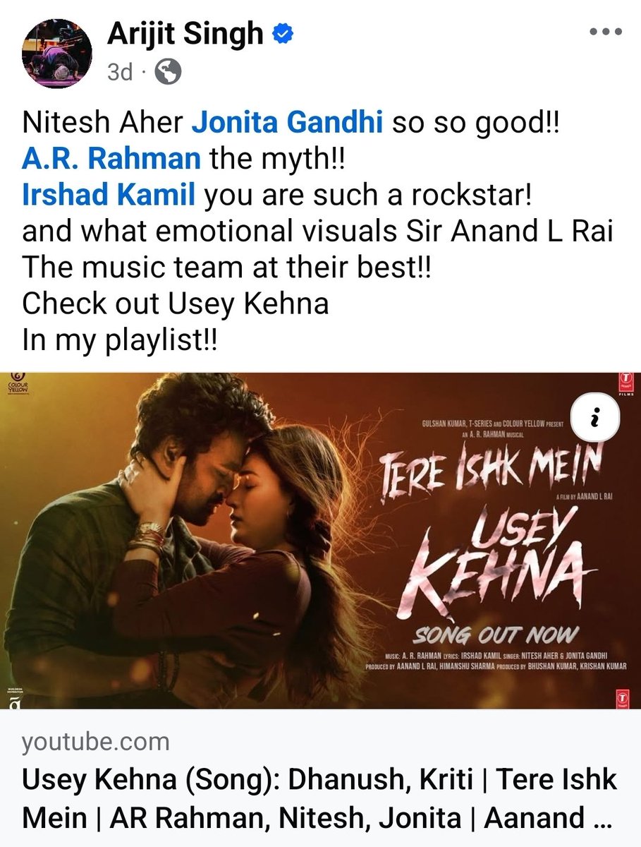 ARRahman_News's tweet image. #ArijitSingh about #UseyKehna song ❤ 

#ARRahman @arrahman #TereIshkMein