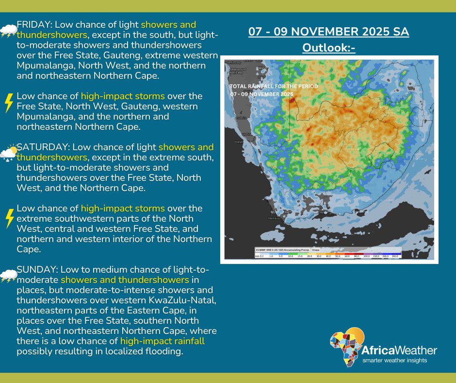 07 - 09 November 2025 Weather Outlook:-
Weekend forecast.

07/11/2025 Android: goo.gl/Ftg97E | iOS goo.gl/qicR82 #africaweatherapp #AfricaWeather africaweather.com