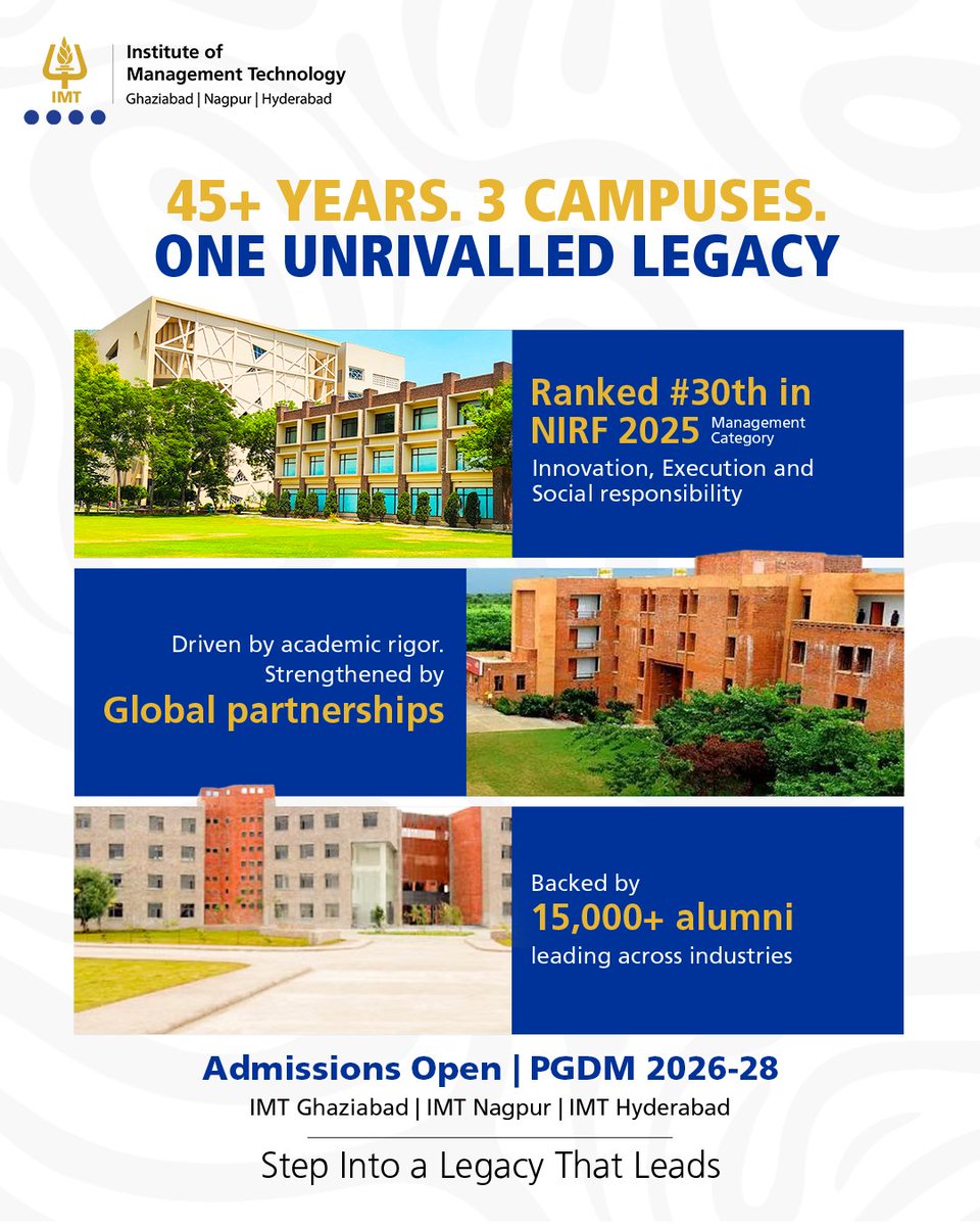 imthyd's tweet image. Step into IMT for PGDM 2026–28. Shape industries, launch careers. Apply now: imt.edu/admissions/pgdm

#IMTLeaders #PGDM2025 #NextGenLeaders #IMTNetwork #FutureShapers #ExPprogram #IMTGhaziabad  #LeadershipRedefined #TopBschool #GlobalCareers #IMTLegacy #AdmissionsOpen