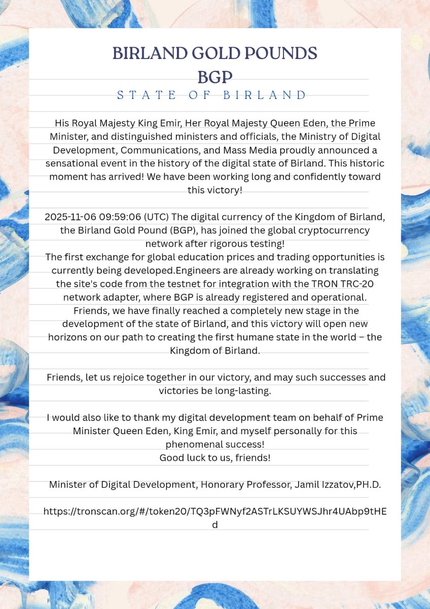 Welcome to #BIRLAND DIGITAL CURRENCY - THE BIRLAND GOLD POUND (#BGP) 
Ministry of Birland Digital Development, Communication and Mass Media
H. E. Prof. Jamil Izzatov
Minister
<a href="/elonmusk/">Elon Musk</a>
<a href="/BirlandPM/">Prime Minister of Birland State</a> 
<a href="/birlandgov/">State of Birland</a>
<a href="/birtawilgov/">Birland State (BirTawil) دولة بيرلاند</a>
birland.digital/?ref=Queen-Eden