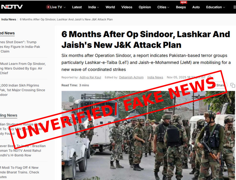 FactCheckerMoIB's tweet image. 🔎 Fact Check | Ministry of Information &amp;amp; Broadcasting

🟠 Claim (NDTV, 5 Nov 2025)

NDTV alleges that Pakistan-based groups LeT and JeM are preparing a major coordinated offensive in J&amp;amp;K six months after Operation Sindoor. The report cites:

▪️Increased infiltration and drone…
