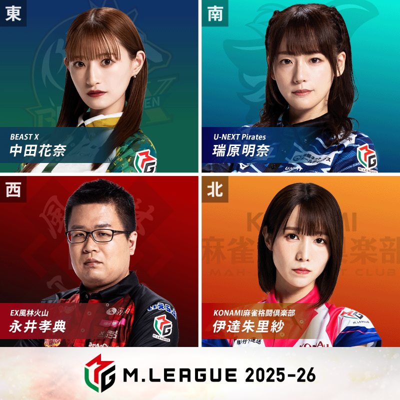 m_league_'s tweet photo. 大和証券 #Mリーグ 2025-26
11/8(金) レギュラーシーズン
32日目/108日

🎥麻雀LIVEch🎥
第1️⃣試合の出場選手発表

東家：#中田花奈
BEAST X

南家：#瑞原明奈
U-NEXT Pirates

西家：#永井孝典
EX風林火山

北家：#伊達朱里紗
KONAMI麻雀格闘倶楽部

実況：#古橋崇志
解説：#近藤誠一