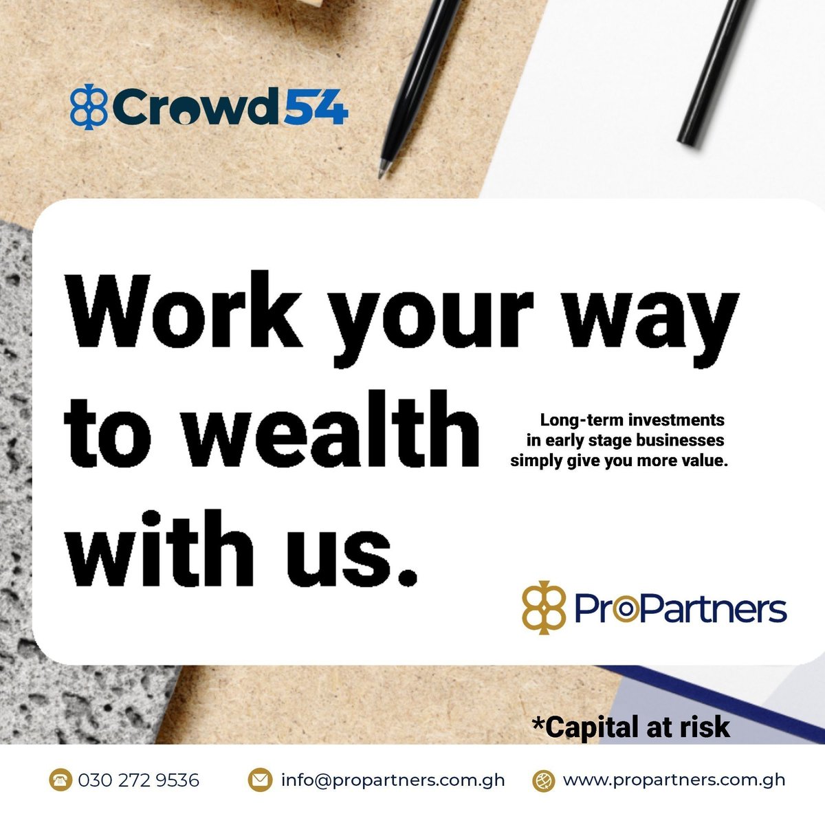 propartnersgh's tweet image. Work your way to wealth with us. 

Our evaluation is thorough. Watch out for vetted opportunities.

Investment ready businesses right here on our investment crowdfunding platform. 

#Propartners #Crowd54