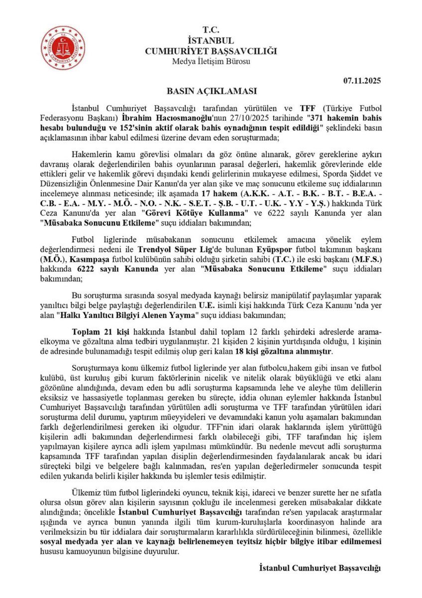 🔴#SONDAKİKA |  İstanbul Cumhuriyet Başsavcılığı Bahis Operasyonu’nu başlattı. 
Soruşturma kapsamında; 17 hakem olmak üzere toplam 21 kişi hakkında gözaltı kararı verdi.