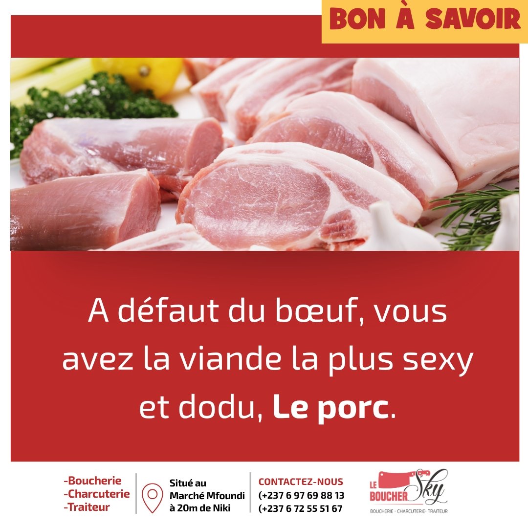 boucher_sky's tweet photo. Quelle est la viande la plus sexy ou la moins coûteuse ?
Surprise, il s'agit de la viande de porc et de la viande de poulet.
Retrouvez ces deux produits de qualités dans nos rayons chez Le Boucher Sky ☺️🐖🐔
#lebouchersky #viandedeporc #viandedepoulet #yaoundécameroun🔥🇨🇲 https://t.co/Uon2ZaX32A