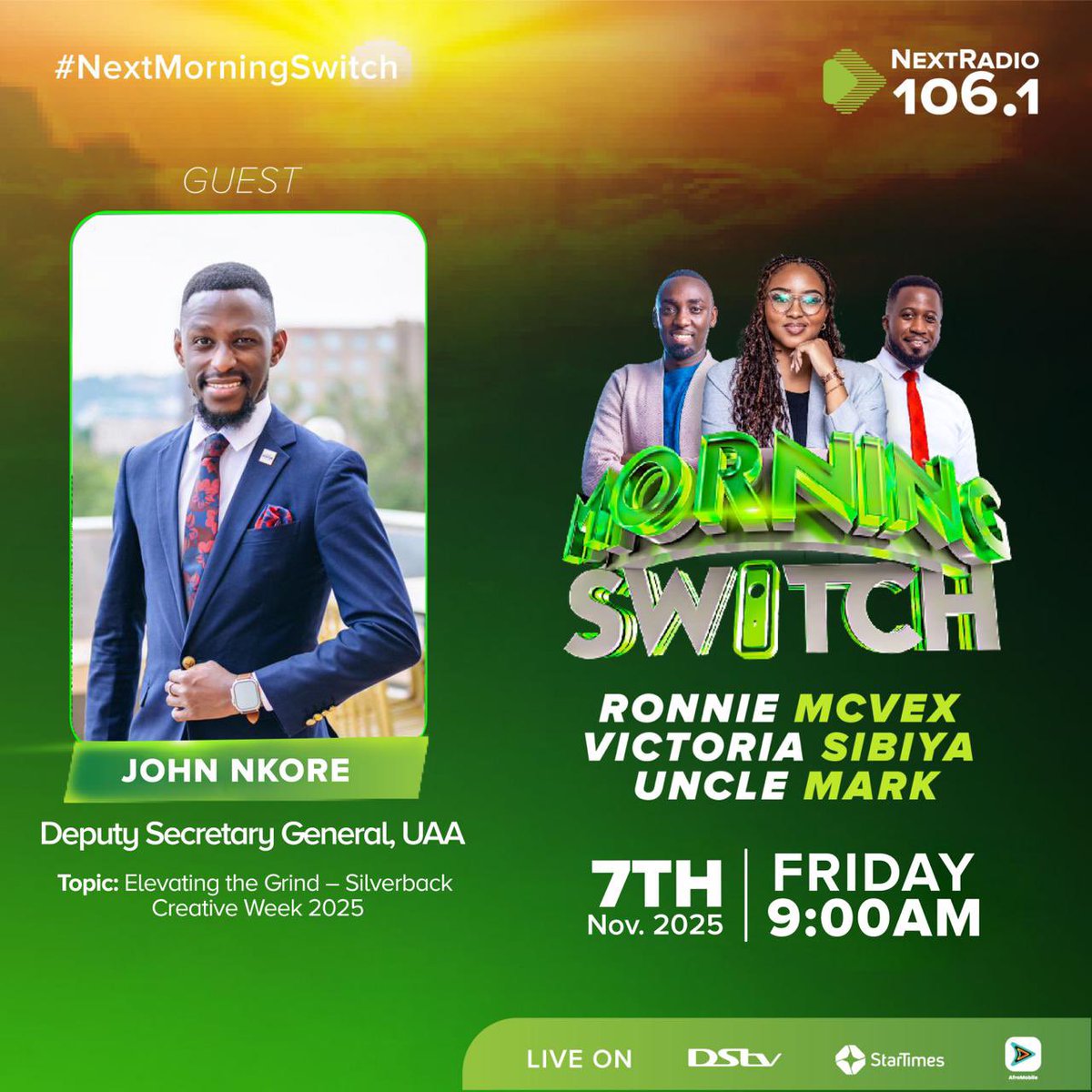 🔊Turn up the volume, this
Fri-yay, I shall join #MorningSwitch hosts live on <a href="/nextradio_ug/">Next Radio 106.1FM</a> 

Tune in 9:00am 

<a href="/UAA_Uganda/">Uganda Advertising Association - UAA</a> 
#SilverbackCreativeWeek 
#SilverbackAwards25