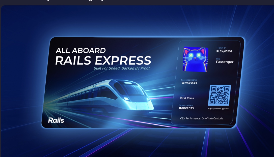 Just claimed my Rails Pass on <a href="/rails_xyz/">Rails</a>.

The perp DEX meta is heating up, but Rails already runs faster, safer, and more transparently than anyone else.

This one's built different.

Don't miss out → discord.gg/rails