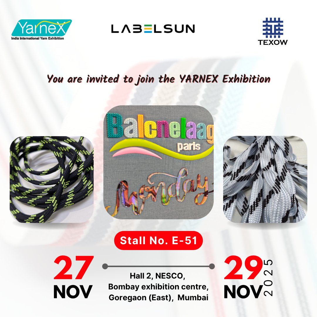 daniya_singh's tweet photo. 🚨Mumbai, get ready! - We’re exhibiting at YARNEX 2025 🎉
Discover our latest innovations in braided cords, labels & textile accessories — all in one place!
#yarnex #mumbaiexpo #labelsun #texow #textileexhibition #braidedcords #wovenlabels #garmentaccessories #textileinnovation https://t.co/6pDli1IKpx