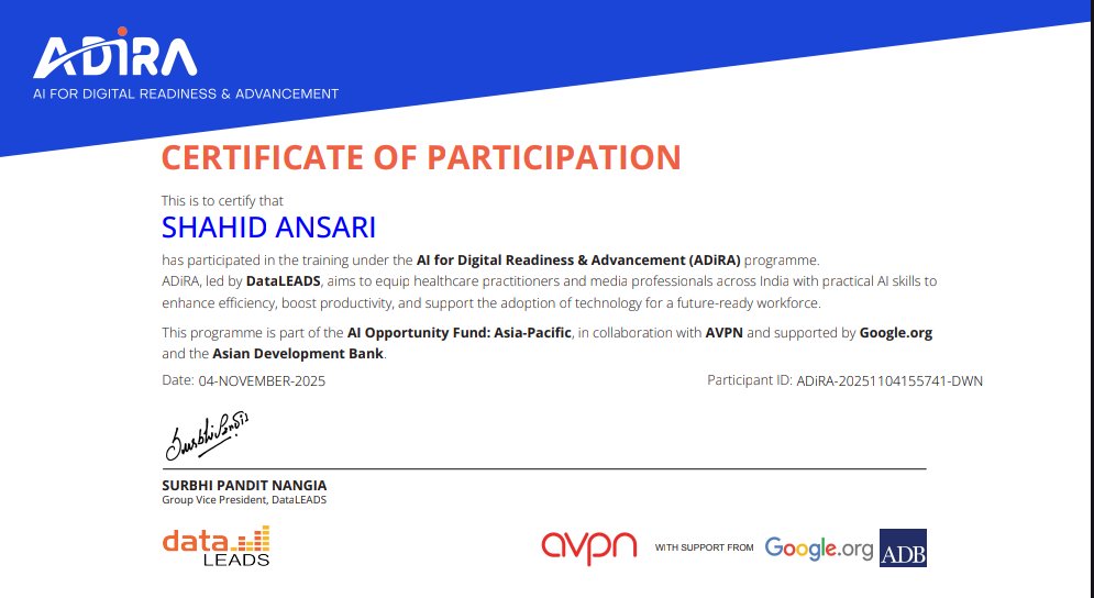 shxhidxd's tweet photo. Thrilled to share that I’ve successfully completed the AI for Digital Readiness & Advancement (ADiRA) training led by DataLEADS, supported by https://t.co/GrH4QTdPuI, AVPN, and Asian Development Bank (ADB).
#AI #DigitalTransformation #Learning #ADiRA #GoogleOrg #DataLEADS https://t.co/yHtDwKVVvj