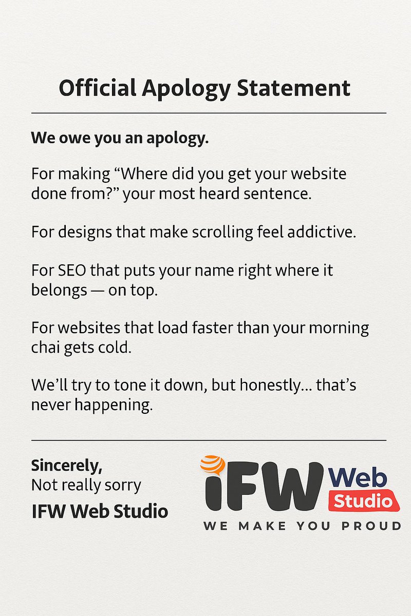 IFWWebStudio's tweet image. Please forgive us, but we just can’t stop making stunning websites 😏🌐

#iFWWebStudio #ApologyTrend #OfficialApology #WebsiteDesign #WebsiteGoals