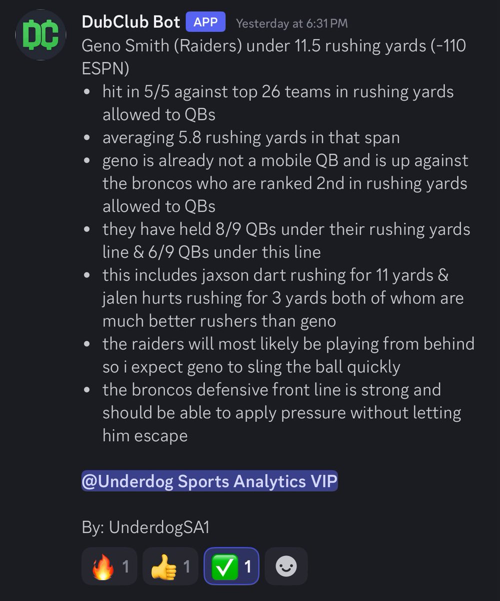 Geno Smith under 11.5 rushing yards ✅

Geno only rushed for 7 yards! Nice cash for the discord!

Research: <a href="/propsmadness/">PropsMadness</a> 
Link for 25% off: propsmadness.com/?ref=montgomery

#NFL #GamblingX #sportcoin