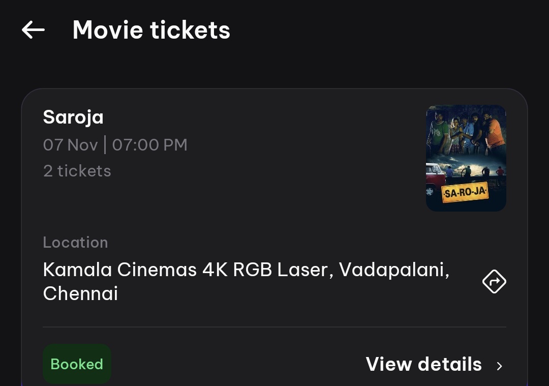 Having two tickets for #Saroja <a href="/kamala_cinemas/">Vishnu Kamal</a> this evening at 7pm anyone needed please comment or DM