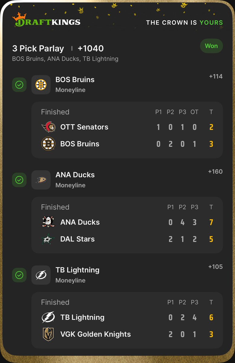 SmartPicksPro's tweet image. 🚀 +1040 WINNER!! 

Bruins ✅
Ducks ✅
Lightning ✅

❤️ Who cashed this one??