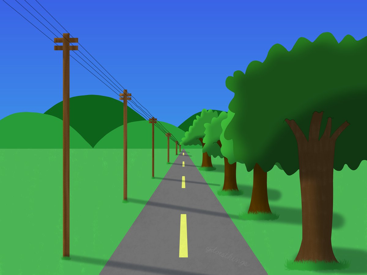 CJ_Moonstrike's tweet photo. a one-point perspective drawing i did of a road, trees, and power lines on an open field
#krita #artist #digitalart #drawing #perspective #onepointperspective #perspectivedrawing #openfield #road #hills #trees #powerlines #beginnerartist #Artistontwitter https://t.co/OGfqrYbuHZ