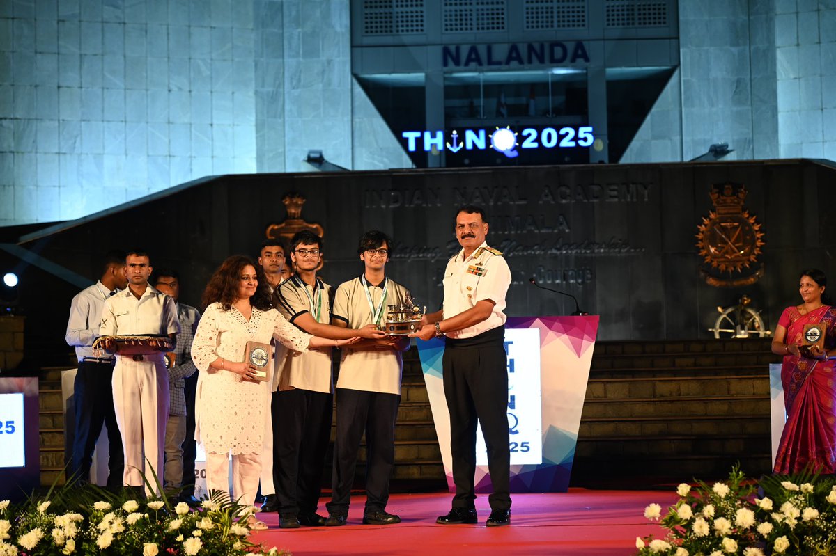 indiannavy's tweet photo. Intellect, Integrity, and Inspiration at its Finest
The Indian Naval Academy, Ezhimala, came alive with intellect, energy, and competitive spirit as the Grand Finale of #THINQ2025 unfolded in a spectacular display of knowledge and teamwork.
Adm Dinesh K Tripathi #CNS graced the occasion, witnessing the nation’s brightest young minds navigate through the challenging #MAHASAGAR themed round - celebrating India’s maritime heritage and the #IndianNavy’s spirit of learning, innovation, and leadership.  

After an intense and closely contested finale:-
🥇 Jayshree Periwal High School, Jaipur sailed ahead to claim the THINQ 25 Championship Trophy🏆
🥈 PM Shri Jawahar Navodaya Vidyalaya, Samastipur emerged as the Runners-up
with remarkable performance and composure.

The event not only celebrated the spirit of quizzing but also inspired curiosity, courage, and a deeper connect with India’s #maritime identity. 

Where knowledge meets the ocean, and brilliance anchors victory! 

@IN_NavalAcademy @IN_HQSNC
#WavesOfWisdom #QuizOfIndia #GrandFinale 

https://t.co/uTBBq3lNPi