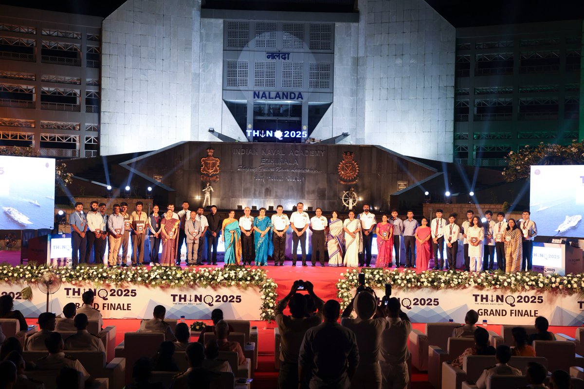 Intellect, Integrity, and Inspiration at its Finest
The Indian Naval Academy, Ezhimala, came alive with intellect, energy, and competitive spirit as the Grand Finale of #THINQ2025 unfolded in a spectacular display of knowledge and teamwork.
Adm Dinesh K Tripathi #CNS graced the