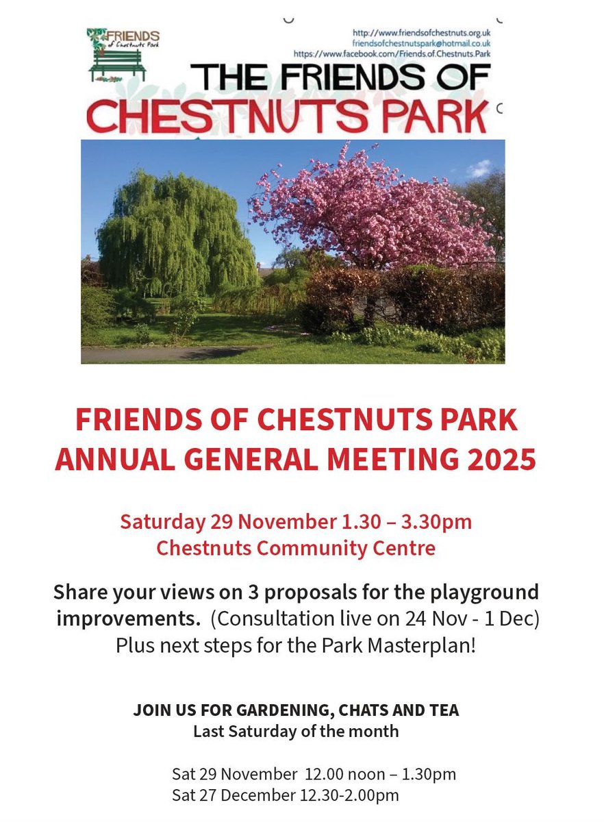 All welcome to our AGM to discuss the three choices of design for the playground improvements.
1.30pm Sat 29th November 
Chestnuts Community Centre
