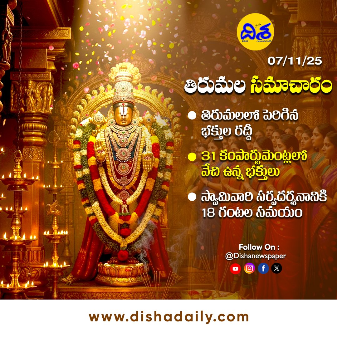 TvDisha77051's tweet photo. నేటి తిరుమల సమాచారం

@TTDevasthanams @TTD_TTD @AndhraPradeshCM 

#Tirumala #Tirupati #TirumalaDarshan #TirupatiTemple #TempleUpdates #DarshanInfo #TirumalaNews #Pilgrimage #DevotionalUpdate https://t.co/hiGS13a0Aj