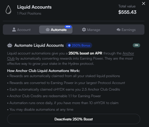 onchainlemon's tweet image. If you have liquidity in Hydrex, make sure you don’t miss the 250% Anchor Club boost. Use Automate to turn your oHYDX rewards into veHYDX that goes to your Protocol Account. Those extra Anchor Club credits can be converted into additional voting power. keep stacking!

@HydrexFi…