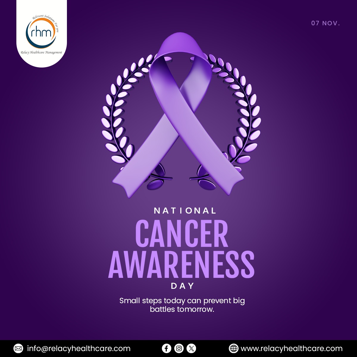 RHMConsultancy's tweet photo. National Cancer Awareness Day 🎗️

Small steps today can prevent big battles tomorrow.

#NationalCancerAwarenessDay #FightCancer #EarlyDetectionSavesLives #CancerAwareness #StayHealthy https://t.co/uTpGv6Fr7o