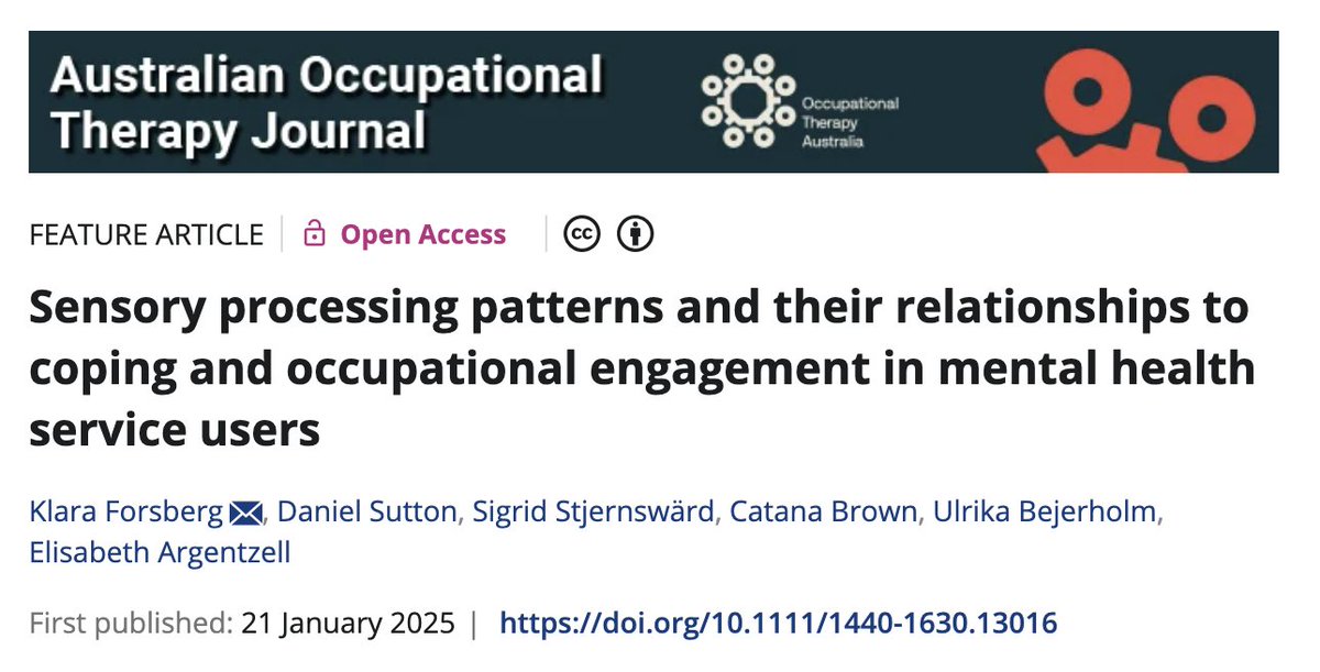 SINetwork's tweet image. This recent study investigated the association between #Sensory preferences and occupational engagement in a mental health setting, using Dunn&apos;s Sensory Profile as an outcome measure. 
#OTWeek #SensoryProcessing

doi.org/10.1111/1440-1…