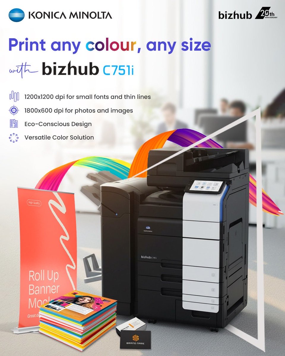 Simplify your workflow and boost team efficiency with the bizhub C751i. Our Versatile Color Solution handles the entire spectrum, from quick A5 documents to massive A0x2 tiled banners, all with the same eco-friendly, high-fidelity colour. Let your vision dictate the size, not the