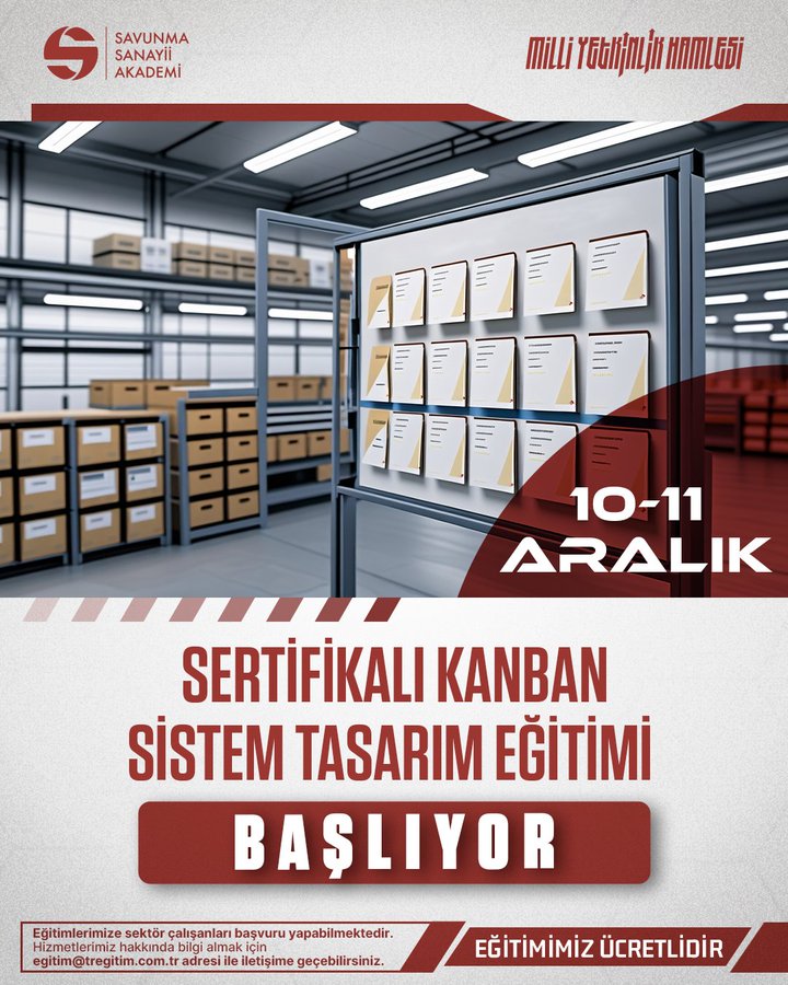 Poster displays Savunma Sanayii Akademi logo at top with illuminated warehouse interior background showing shelves boxes and display stands event details state Sertifikalı Kanban Sistem Tasarım Eğitimi Başlıyor for 10-11 Aralık includes registration notes in Turkish and barcode-like elements at bottom