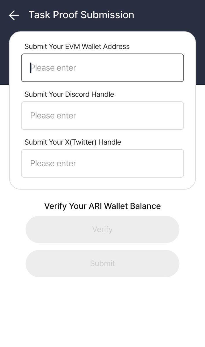 _dcryptid's tweet image. The in-app user information registration is now live on Ariwallet

Open your Ariwallet app:
➥ Click Submit Task Proof.
➥ Enter your EVM wallet address (MetaMask, Rainbow Wallet, or Trust Wallet).
➥ Enter your Discord username.
➥ Enter your X (Twitter) username.

Verify your…