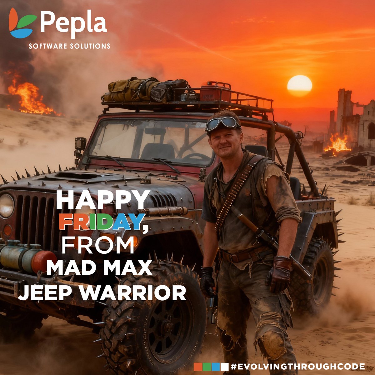 PeplaInfo's tweet image. Out here in the post-apocalyptic world of deadlines and legacy code, only the toughest survive. 

But like a #MadMax Jeep Warrior, we push through the chaos. Fuel your coffee tank, and drive your code to production.

#JeepWarriorCoder
#PeplaSoftwareSolutions