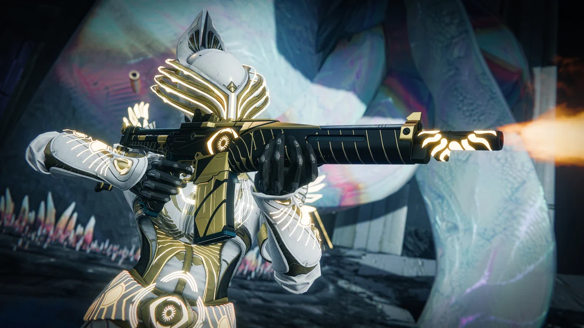 A Guardian in the white and gold  Trials of Osiris armor with yellow glows, wielding the Eeverburning Glitz on the ice Dissonance map