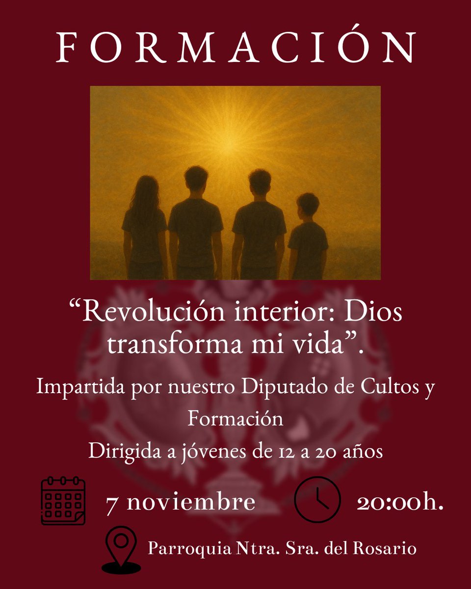 FORMACIÓN| "Revolución interior: Dios transforma mi vida".
 Para jóvenes de 12 a 20 años.

📆 7 de noviembre
⏰ 20:00h.
📍 Salones Parroquiales