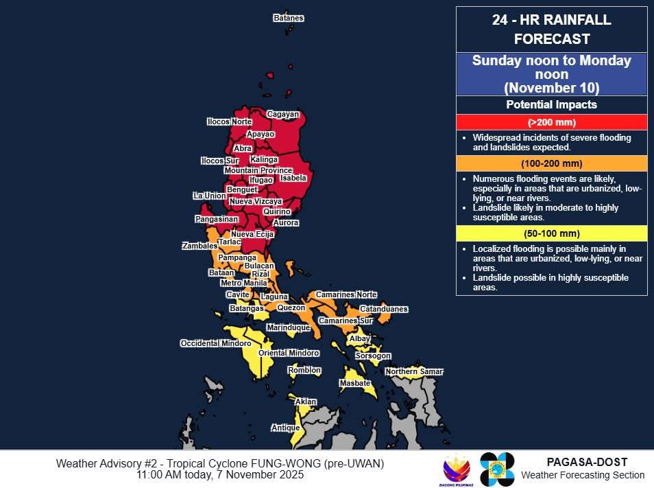 matteyowwwwww's tweet photo. Heads up for METRO MANILA! ⚠️

According to the Weather Advisory No. 2 of the DOST-PAGASA for Severe Tropical Storm FUNG-WONG, HEAVY TO INTENSE RAINS with 100-200 mm may experience on Sunday noon (November 9) until Monday noon (November 10). ⛈️

And based on the size of the strong to storm-force winds — 720 km from the center — Metro Manila could be included in the Wind Signals (IMO, possibly up to #2). 💨

Widespread flash floods and landslides are likely! ⚠️

Keep monitoring for updates. 🙏

📷: PAGASA #UwanPH #Fungwong