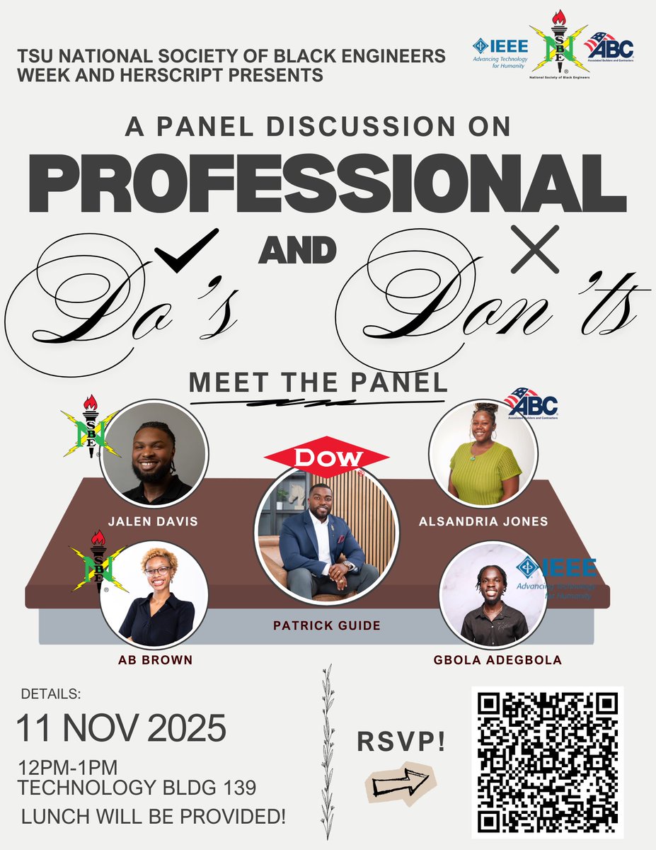 Let’s talk professionalism! 🧑🏽‍💼✨ Join us Nov 11th for a powerful panel discussion featuring leaders from DOW, ABC, and IEEE. Lunch is on us! 🍽️ #NSBEWeek #ProfessionalGrowth