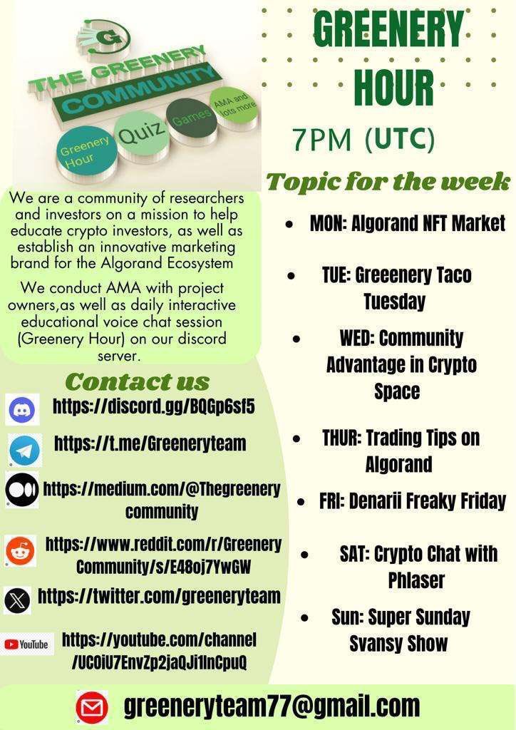 GreeneryTeam's tweet photo. Greenery Freaky Friday 

Tune in for another educational and interactive session "The Greenery Hour" (Voice Chat) today. 7pm-8pm UTC on discord https://t.co/hnAaHPD8fD

Subscribe to our YouTube channel https://t.co/7WD4ETXCbI

GreeneryHour https://t.co/z7xz2D0M53