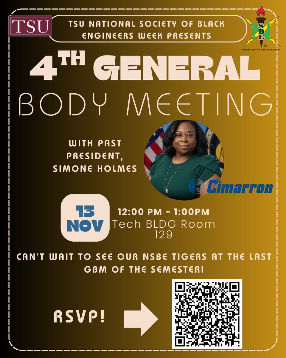 We’re closing the semester with our 4th GBM 🎉 featuring past president Simone Holmes! Join us Nov 13th at 12PM in Tech 129 — don’t miss our last GBM of the semester 🐯 #NSBEWeek #Leadership