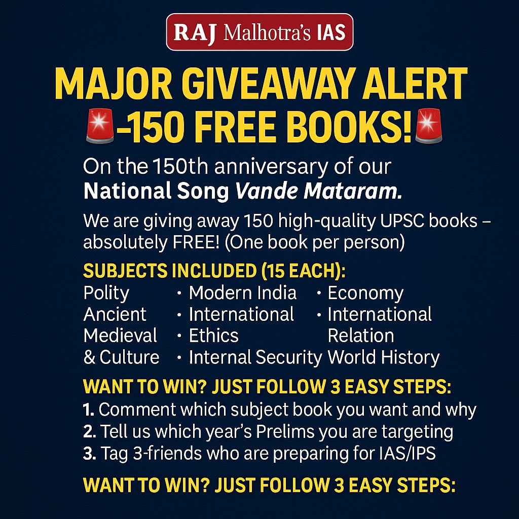 Rajmalhotrachd's tweet photo. Major Giveaway of 150 books for free 🚨🚨🚨

Don’t miss this chance , just 

1. Comment the book which you want.
2 Tag three friends preparing for upsc and mention year of UPSC pre you are targeting.

Don’t forget to retweet the post. 

#UPSCPreparation https://t.co/ZpdeL6mxsZ