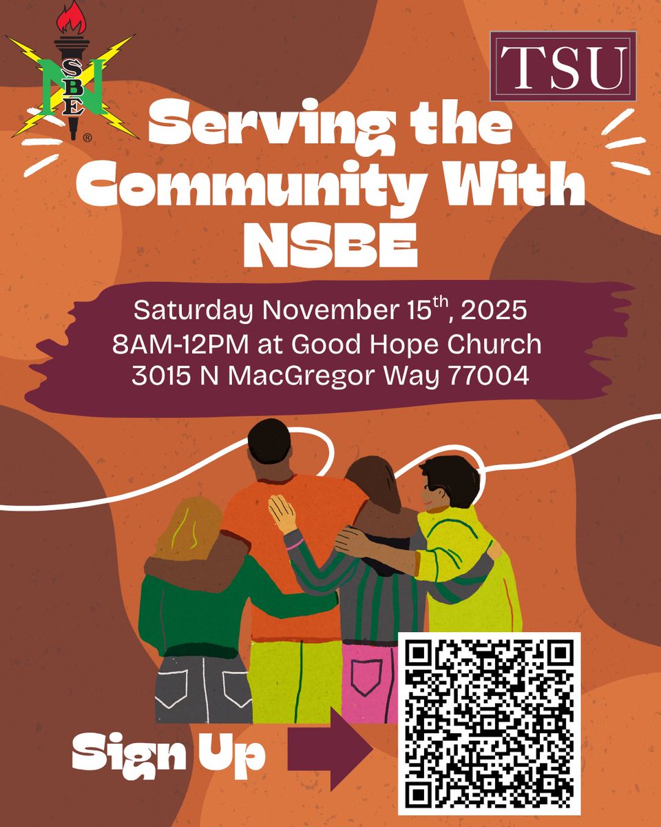 We’re wrapping up NSBE Week by giving back 🤝 Join us Nov 15th at Good Hope Church for a morning of service and impact from 8AM–12PM! #NSBECares #TSUNSBE