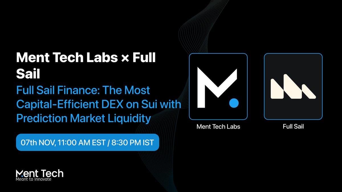 menttechlabs's tweet image. Twitter Space Alert

Ment Tech Labs × Full Sail Finance
The Most Capital-Efficient DEX on Sui with Prediction Market Liquidity

7th Nov | 11:00 AM EST | 8:30 PM IST

Join us as we dive into:
- How Full Sail is redefining DEX models on Sui
- Prediction markets &amp;amp; liquidity…