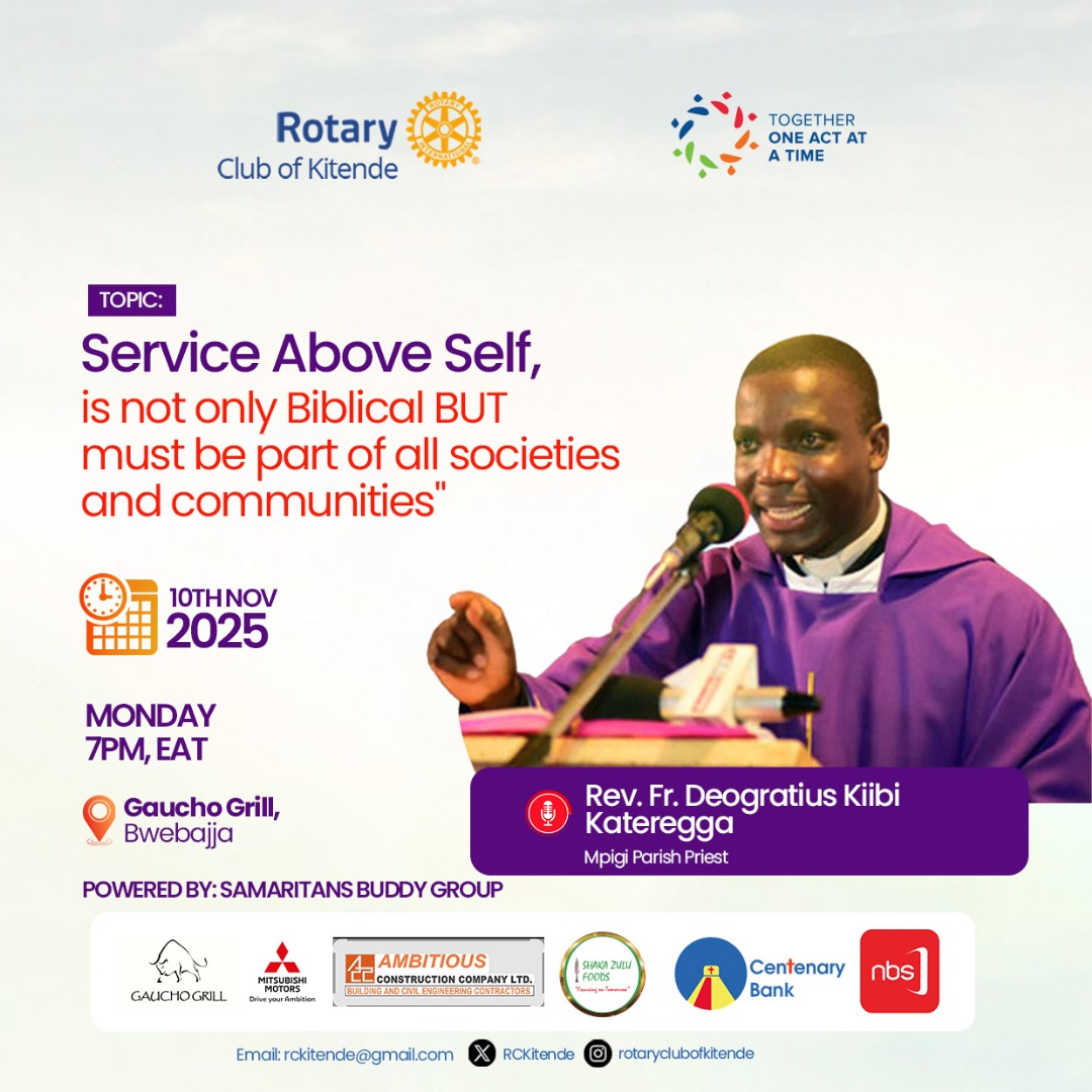 Dear Fellow Rotarians, Rotaractors and Friends of Rotary, 

You are warmly invited to our upcoming meeting featuring a very special and highly anticipated Guest Speaker: the celebrated Rev. Fr. Deogratius Kiibi 
He is known for his impactful sermons, profound insights.